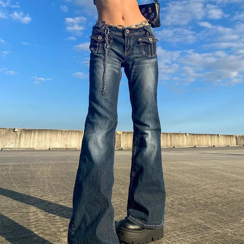 2024 Cute Low Rise Streetwear Jeans with 2000s Pockets Trim