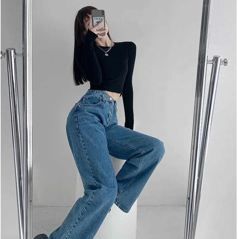 2024 Harajuku Korean Ulzzang High Waist Blue Jeans Daily Casual