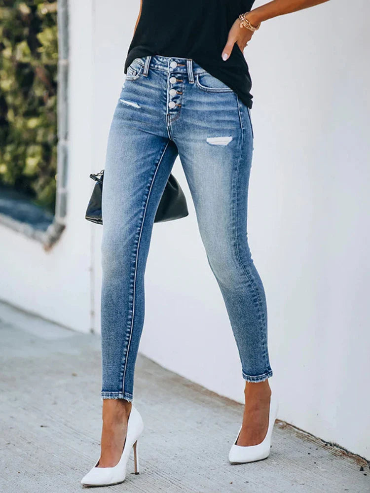 2024  New Slim Fit Ripped High Elastic Women's Denim Jeans