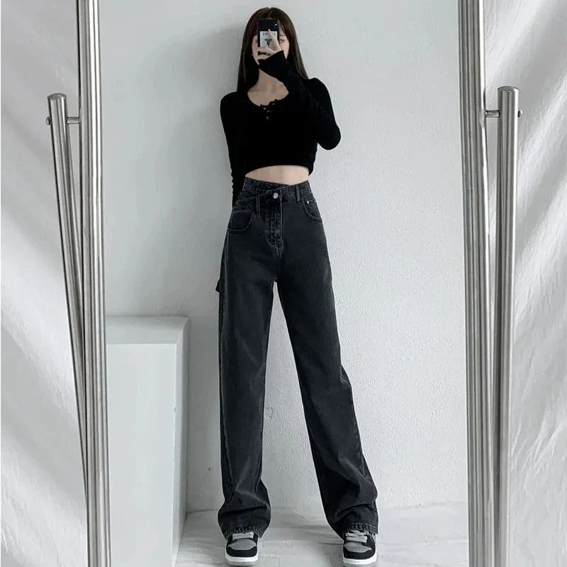 2024 Spring Autumn Irregular High Waist Black Chic Jeans