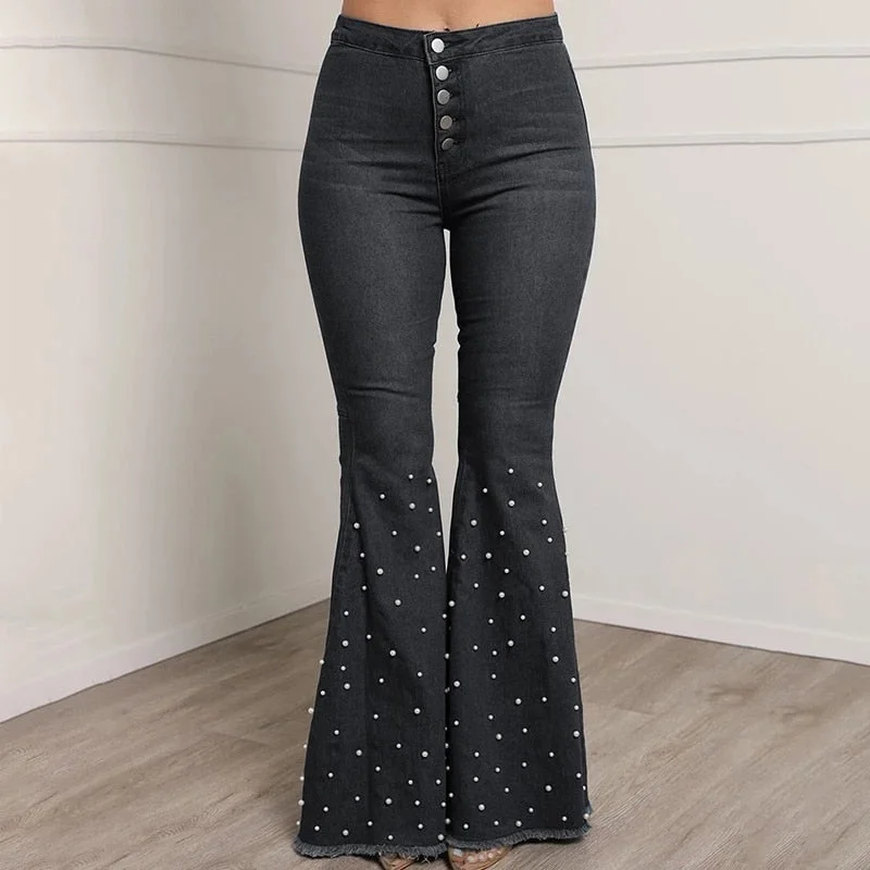 Fashion Solid Beading Flared Jeans High Waist Single-breasted Casual Denim