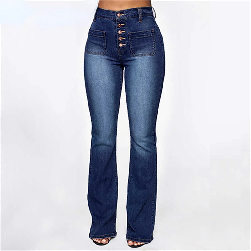 High Waist Elastic Jeans Women Button Washed Denim Pants Femme Pocke