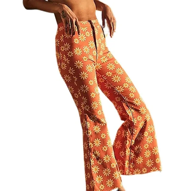 Daisy Floral Print Y2K Flare Cargo Pants