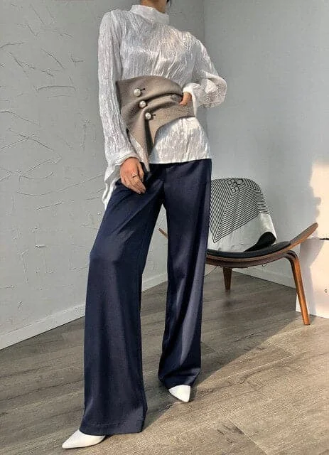 Spring High End Satin Sagging Broad Leg Pants Women High Waist Suit Pants Loose Simulation Silk Straight Pants Women