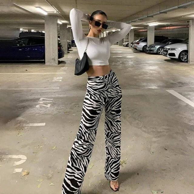 Zebra Print Wide Leg Pants Trousers Sexy High Waist Autumn Women New Fashion Casual Female Trousers