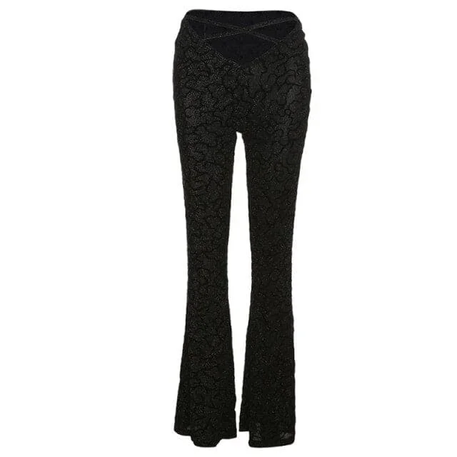 Women Sexy Cut-Out High Waist Flare Pants Slim Fit Femme Sexy Strechy Trousers Long Wide Leg Pants Casual Streetwear