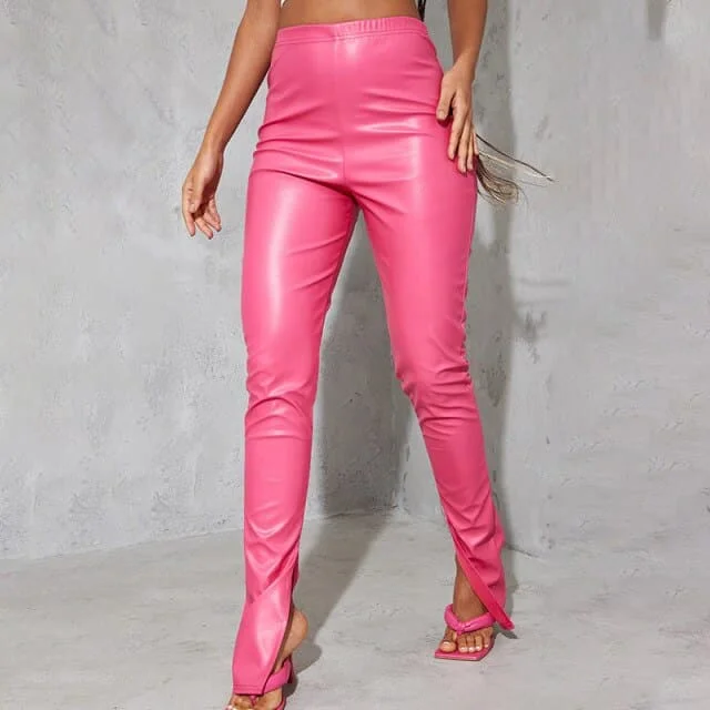 Women Pu Leather Pants Hollow Out Solid Color High Streetwear Party Night Clubwear Long Pencil Pants For Women Outfit