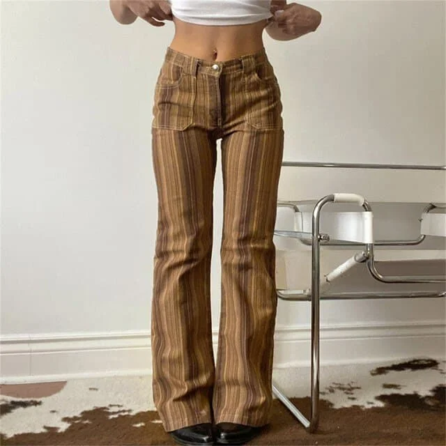 High Waist Casual 90s Women Jeans Vertical Stripes Print Panelled Vintage Straight Trousers Streetwear Harajuku Long Jeans