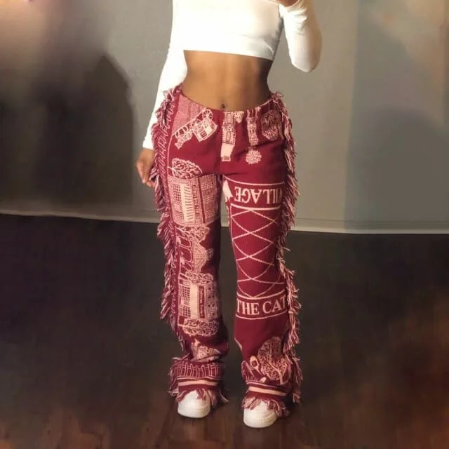 Tassel Patchwork Striped Print Jogger Pant Women Rave Festival Clothing Summer Casual High Waist Bodycon Active Sweat Pants