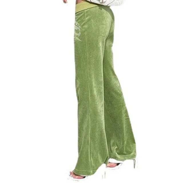 Wide Leg Pants Harajuku Green Women Dragon High Waist Rest Polyester Fairy Aesthetic Diamond Vintage Sweatpants Y2K Velvet