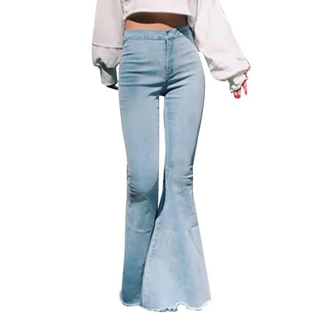 Women Casual Fashion High Waist Slim And Skinny Big Flare Denim Pants Fashion Street Women Solid Color Denim Trousers