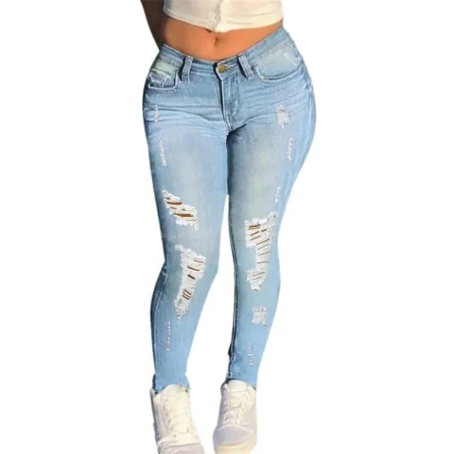 Women's Ripped Jeans High Waist Stretch Skinny Denim Trousers Blue Retro Washed Fashion Sexy Elastic Slim Pencil Pants