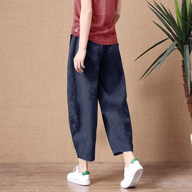 ShiMai Women's Cotton Linen Pants Elastic Waist Vintage Trousers Lady Loose Casual Pants S-2XL Retro Literary Cotton Trousers