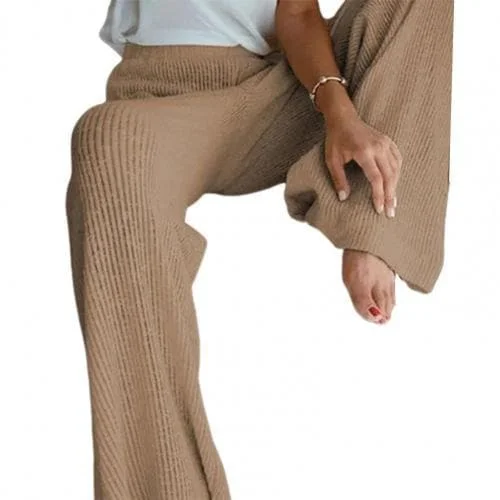 Elegant Solid Ribbed Knitted Pants