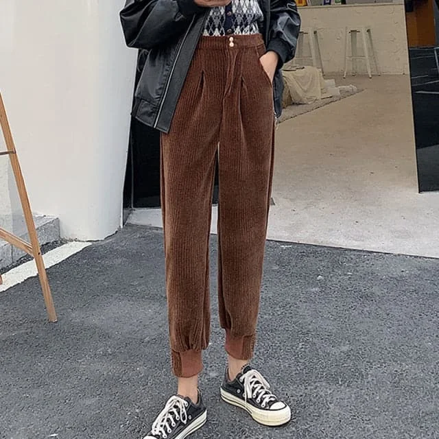 Winter Corduroy Pants Women Thick Warm Plus Size Fashion Zipper Elastic High Waist Pencil Pant Causal Loose Baggy Trousers