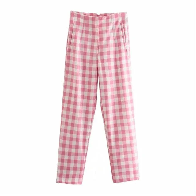 Office Lady Fashion Pink Plaid Suit Cotton Long Pants Women Summer Za High Waist Zipper Straight Chic Trousers