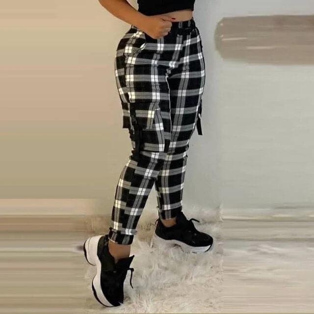 Women Fashion Casual Plaid Print Pants