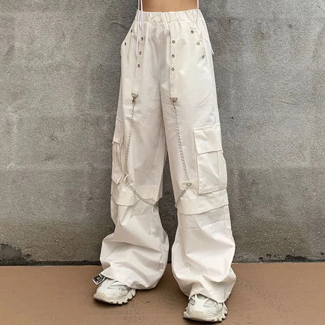 Mall Goth White Cargo Pants Women Gothic Harajuku Hippie Streetwear Chain Punk Loose Trouser Baggy Oversize Korean Style