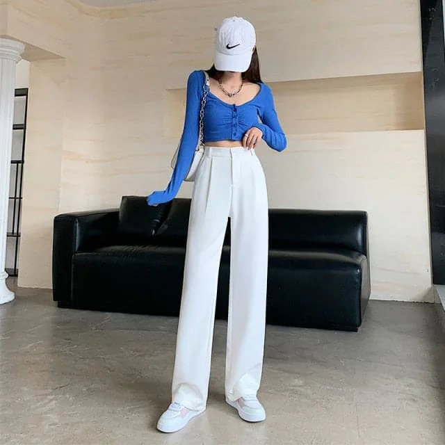 Women High Waist Floor-Length Suits Pants Autumn Winter White Loose Wide Leg Pants Female Office Ladies Straight Long Trousers