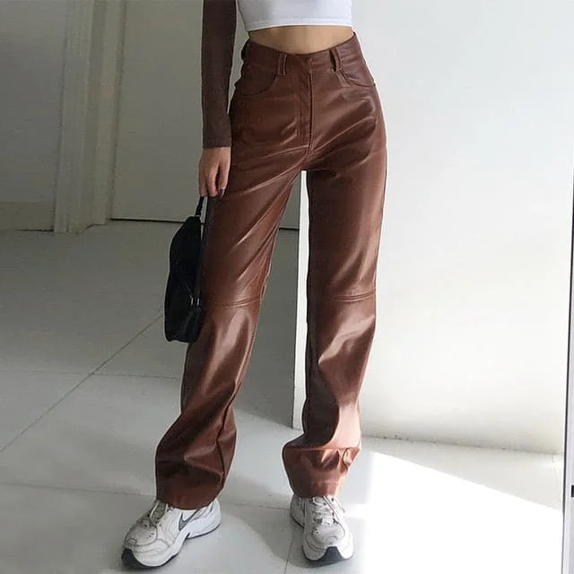 High Waisted PU Leather Pants Women Jogger Casual Fashion Side Pockets Straight Wide Leg Pants Loose Vintage Brown Trousers