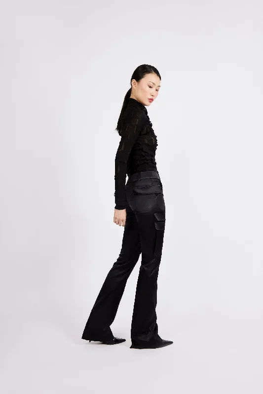 Tailored Cargo Trousers in Black Fluid Satin from Deadstock fabrics