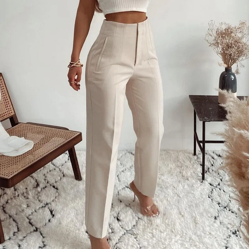 Fashion High Waisted Casual White Trousers