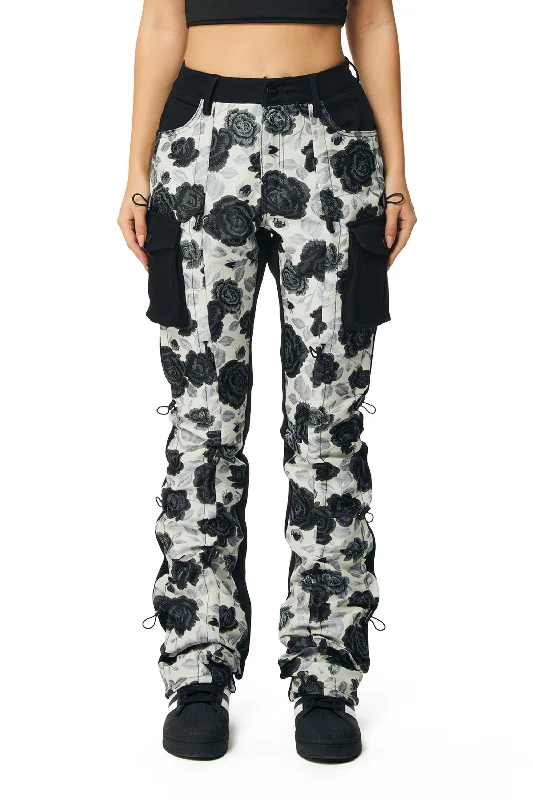 High Rise Flower Stacked Twill Pants - Black