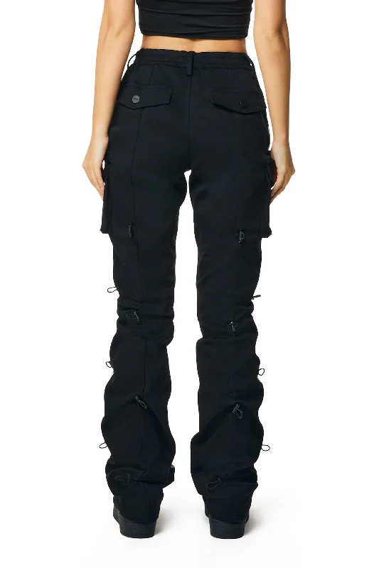 High Rise Flower Stacked Twill Pants - Black