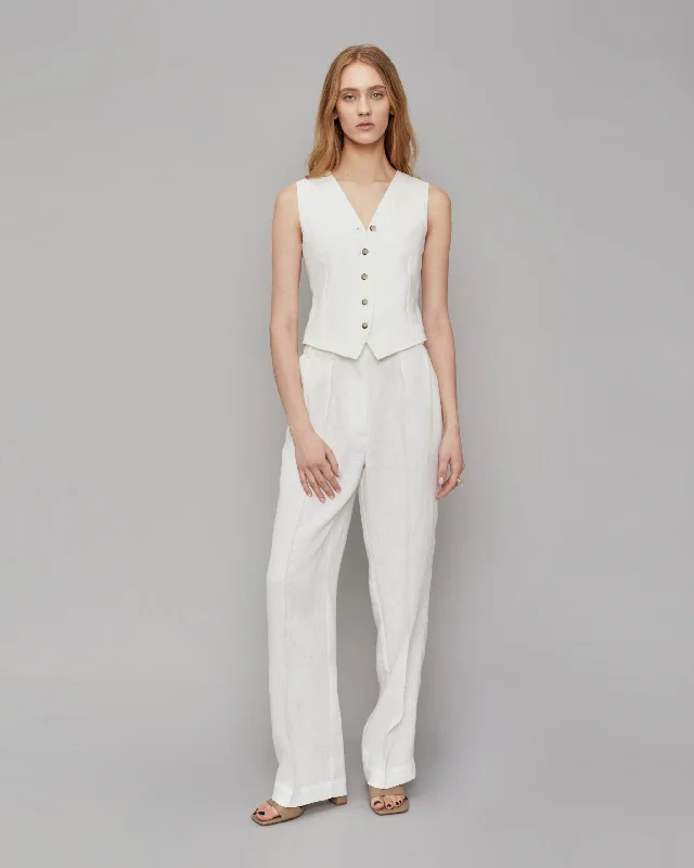 White Wide Leg Sustainable Linen Tailored Pants Zelva