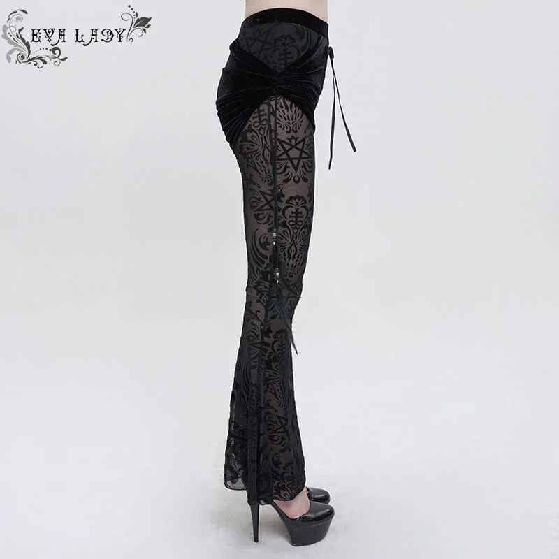 Women's Gothic Drawstring Mesh Splice Flared Pants