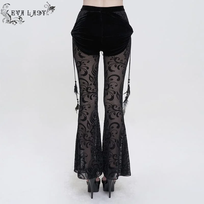 Women's Gothic Drawstring Mesh Splice Flared Pants