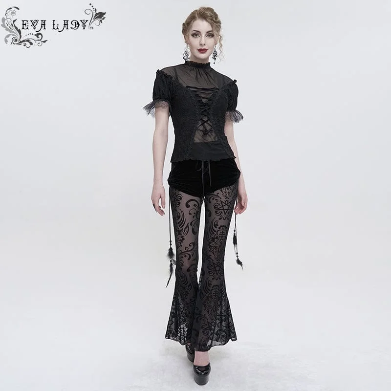 Women's Gothic Drawstring Mesh Splice Flared Pants