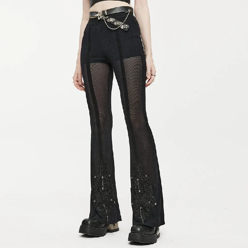 Women's Gothic Eyelet Splice Mesh Flared Pants