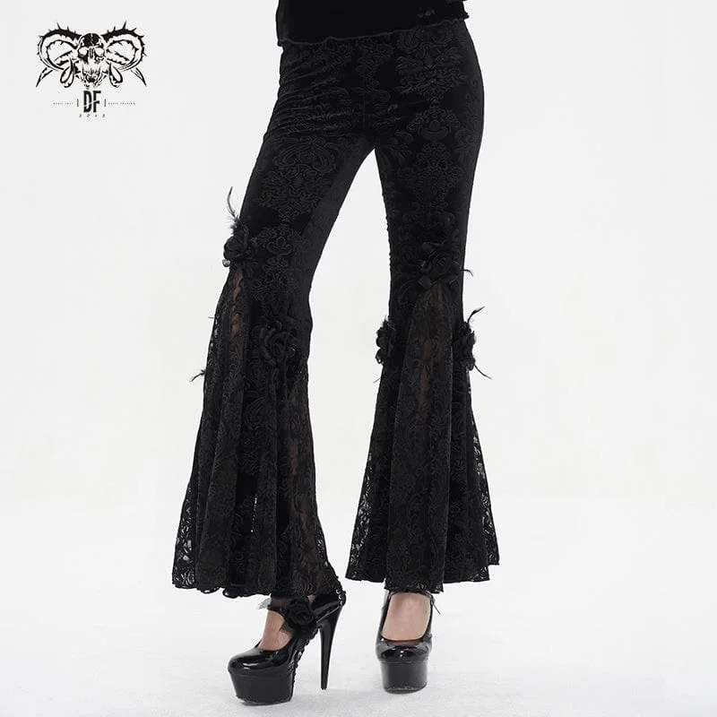 Women's Gothic Floral Embossed Lace Splice Flared Leggings