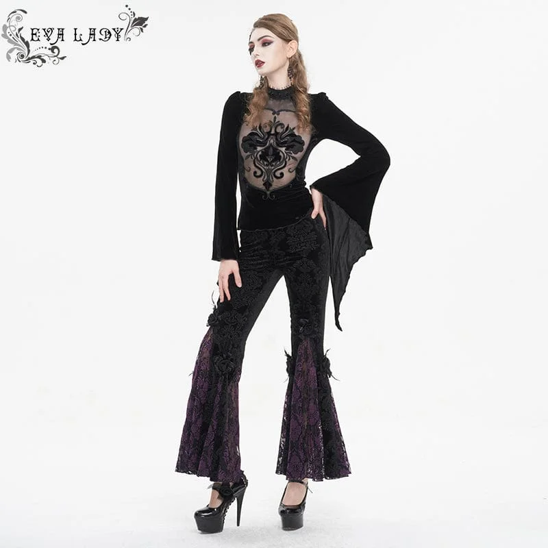 Women's Gothic Floral Embossed Lace Splice Flared Leggings