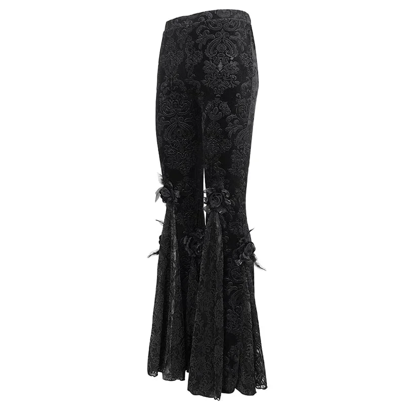 Women's Gothic Floral Embossed Lace Splice Flared Leggings