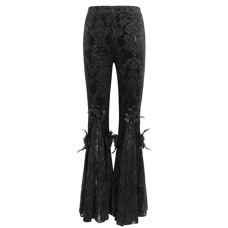 Women's Gothic Floral Embossed Lace Splice Flared Leggings