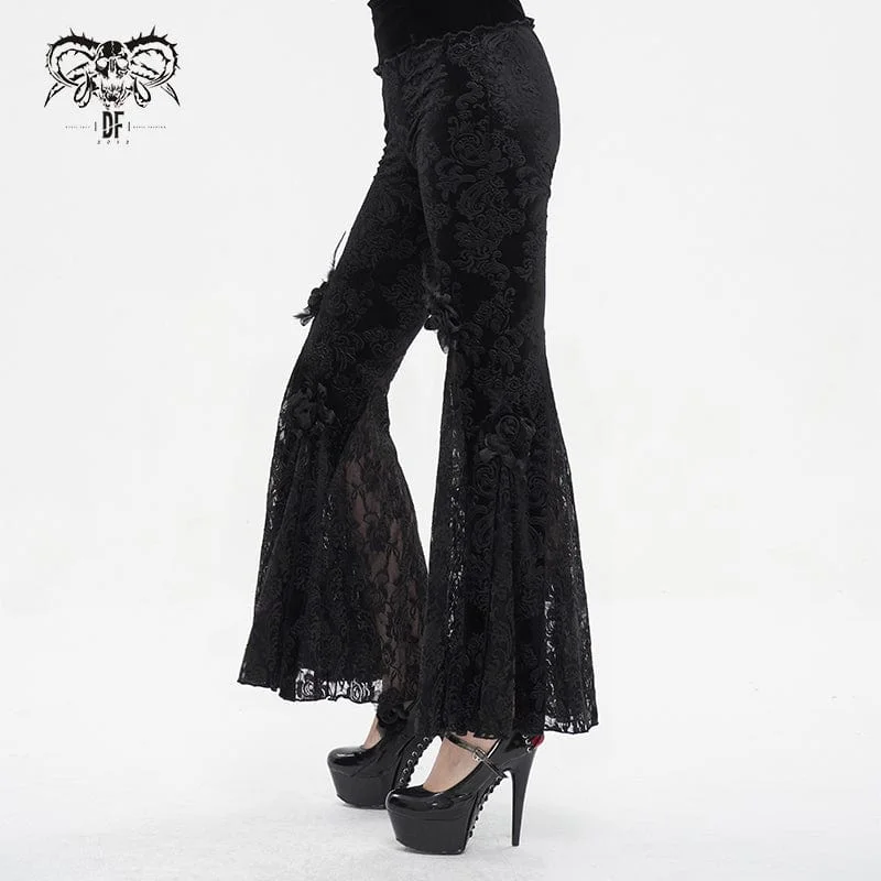 Women's Gothic Floral Embossed Lace Splice Flared Leggings