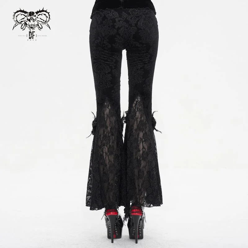 Women's Gothic Floral Embossed Lace Splice Flared Leggings