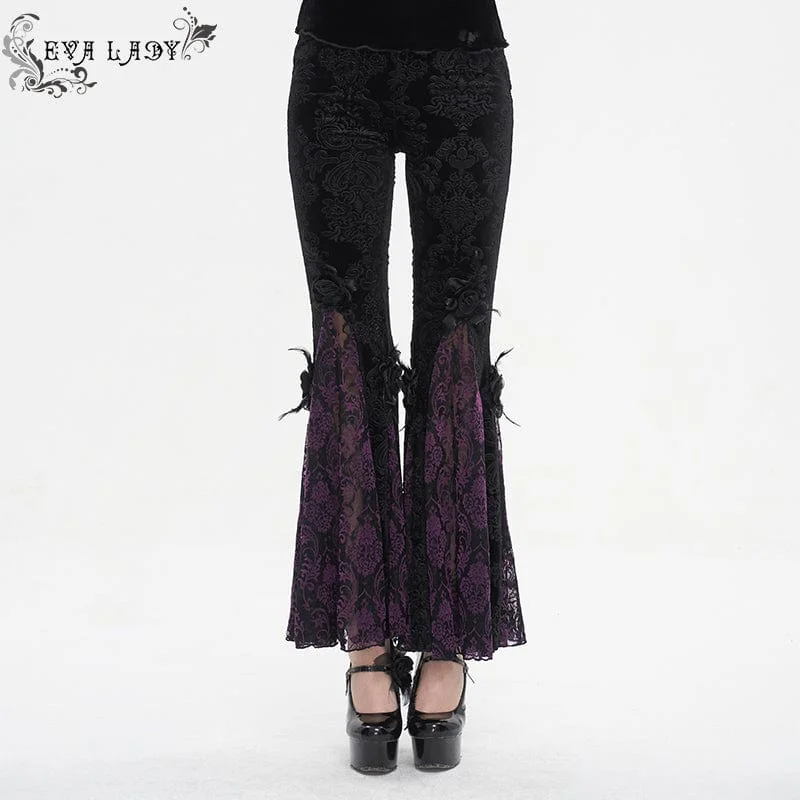 Women's Gothic Floral Embossed Lace Splice Flared Leggings