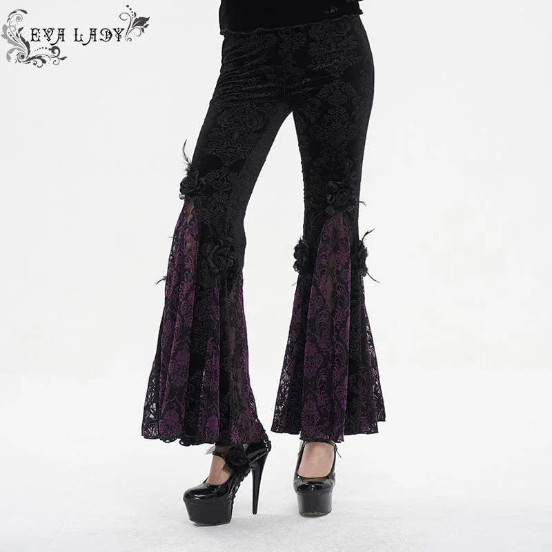 Women's Gothic Floral Embossed Lace Splice Flared Leggings