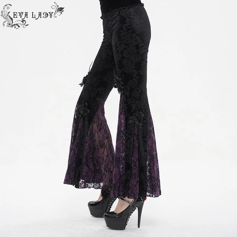 Women's Gothic Floral Embossed Lace Splice Flared Leggings