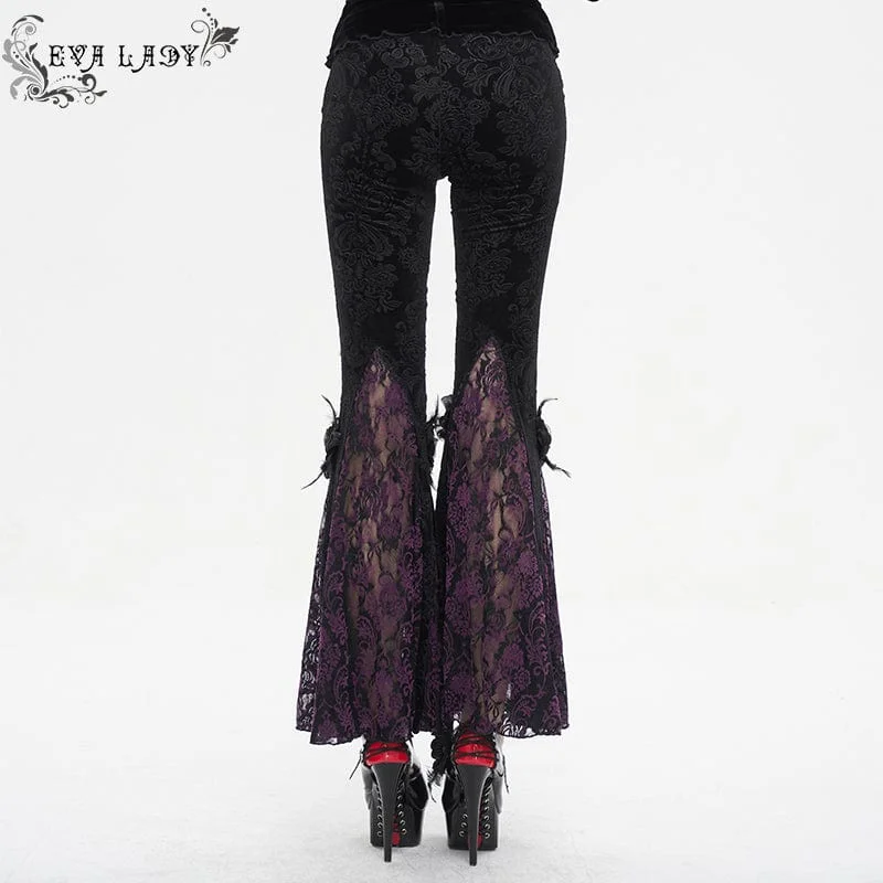 Women's Gothic Floral Embossed Lace Splice Flared Leggings