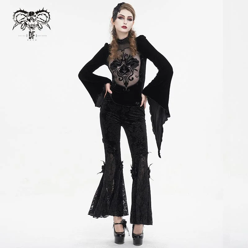 Women's Gothic Floral Embossed Lace Splice Flared Leggings