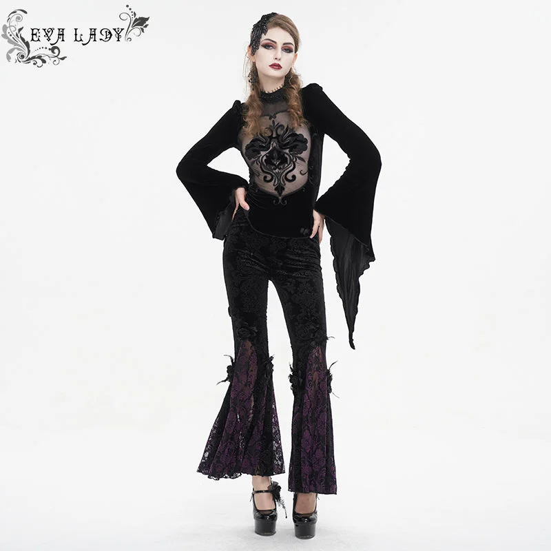 Women's Gothic Floral Embossed Lace Splice Flared Leggings