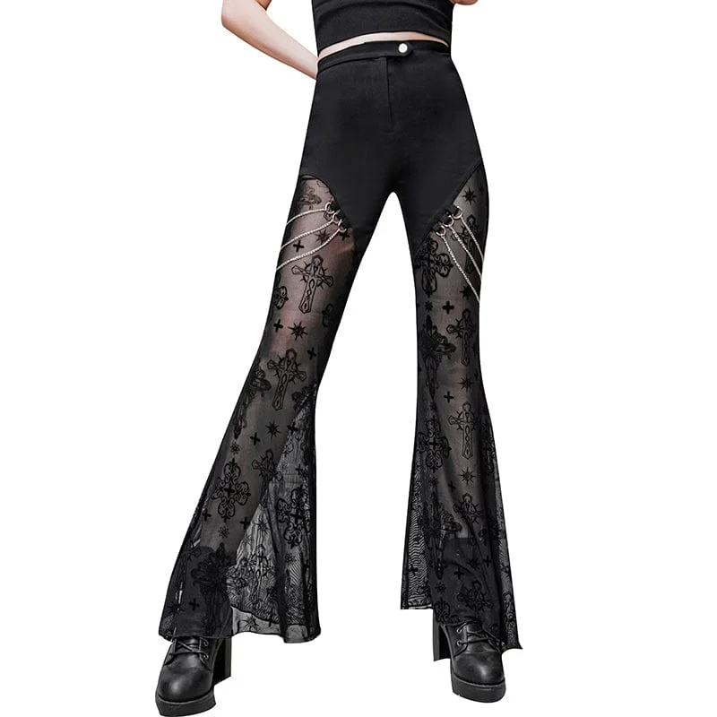 Women's Gothic High-waisted Sheer Mesh Bell-bottoms