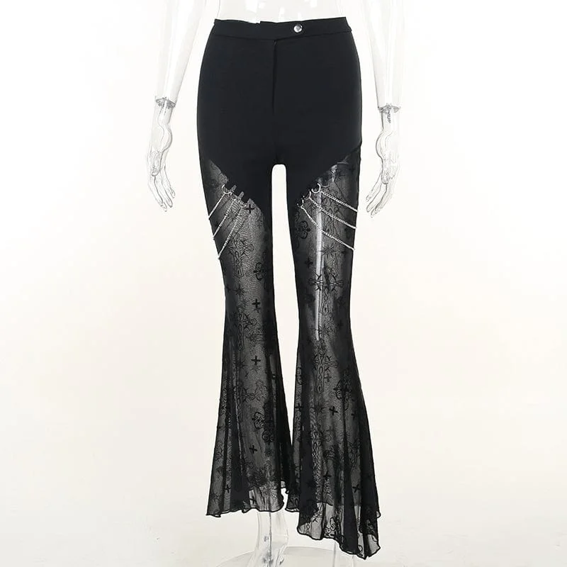 Women's Gothic High-waisted Sheer Mesh Bell-bottoms