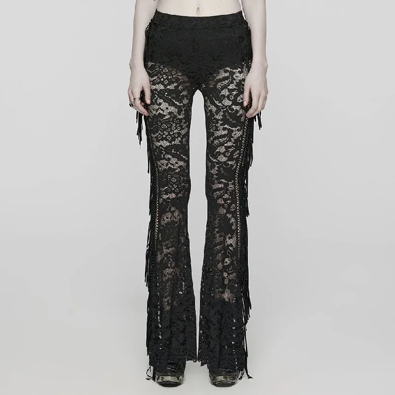 Women's Gothic Lace Tassels Flared Pants Black