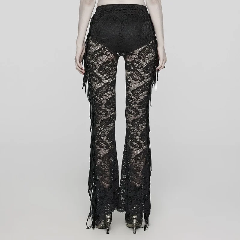 Women's Gothic Lace Tassels Flared Pants Black