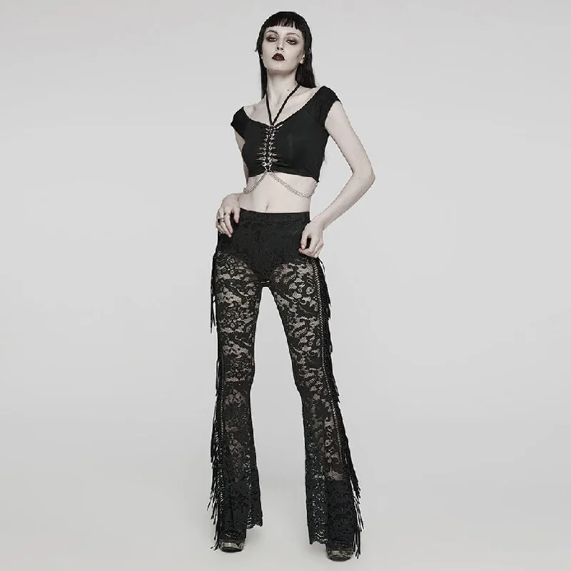 Women's Gothic Lace Tassels Flared Pants Black